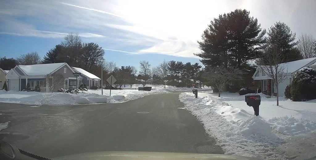 Single-family homes and snowbanks along a street in Greenbriar Woodlands