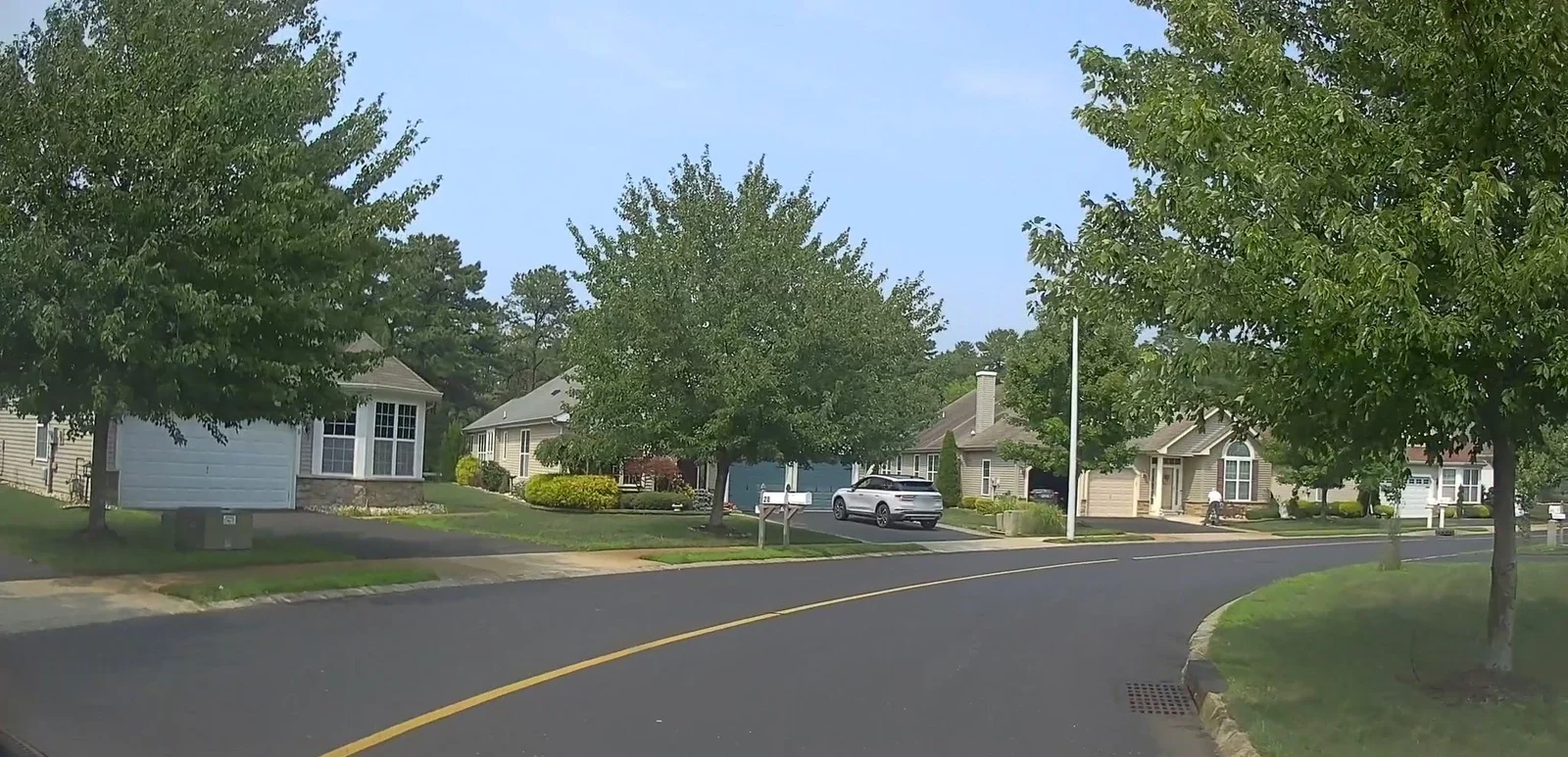 Curving road with lawns and single-story homes behind trees