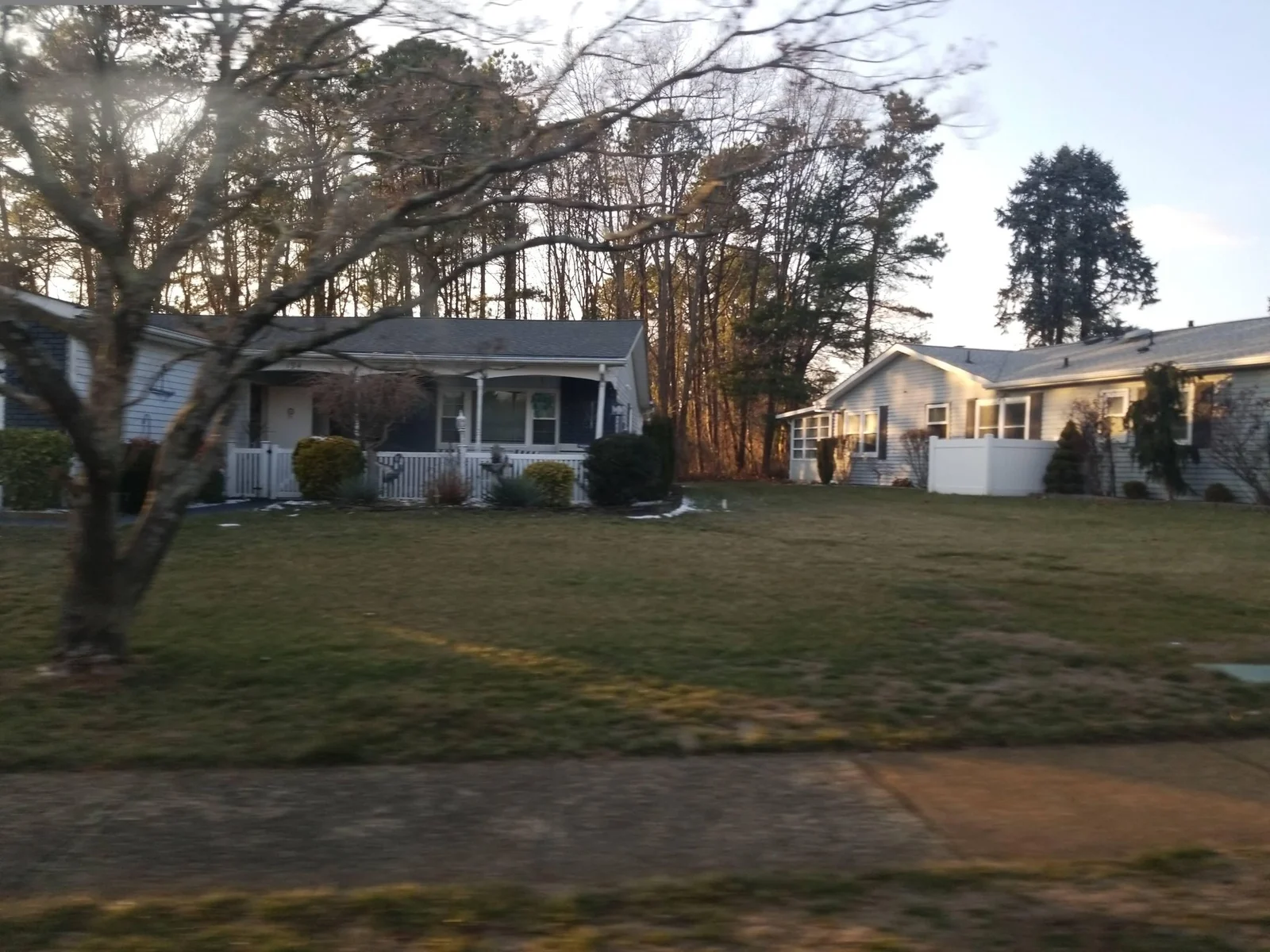 Single-story homes with porches behind a lawn and trees
