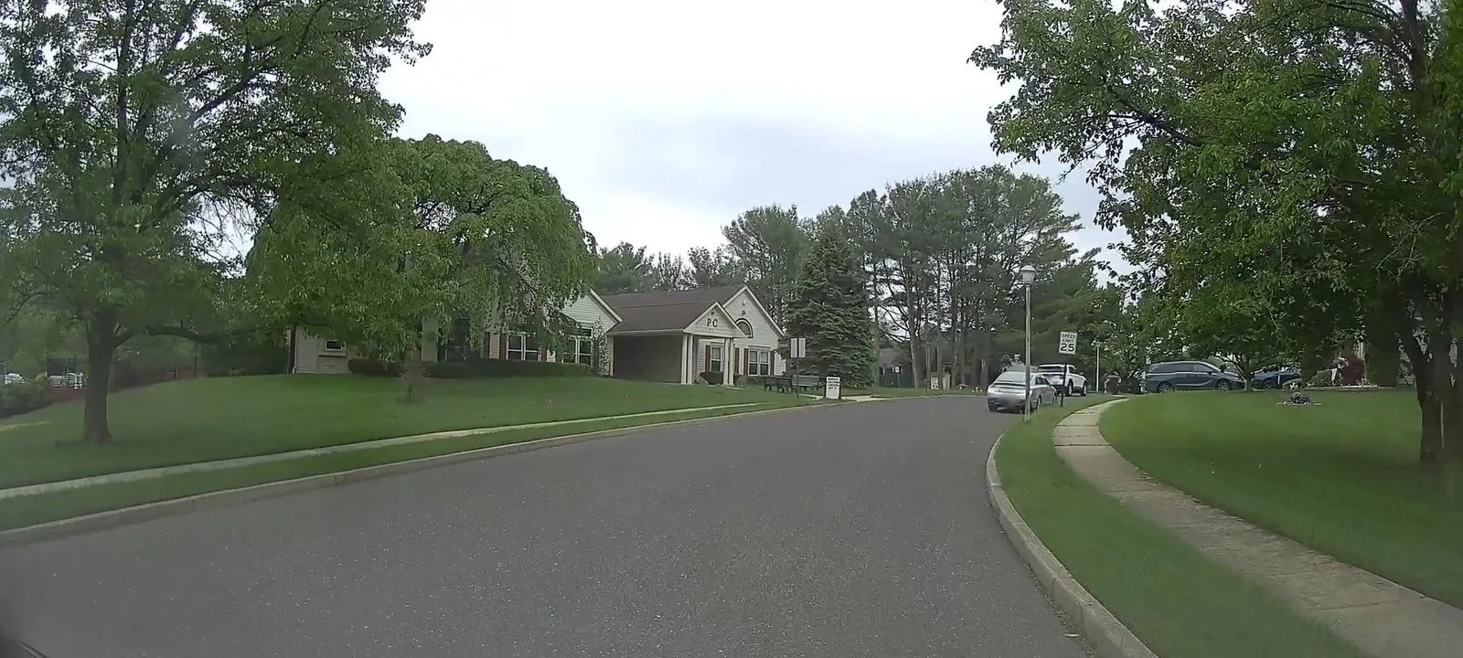 Curving residential street with lawns, trees and homes