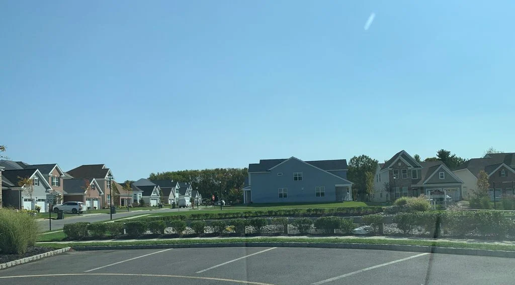 Row of two-story single-family homes beyond a trimmed hedge and green