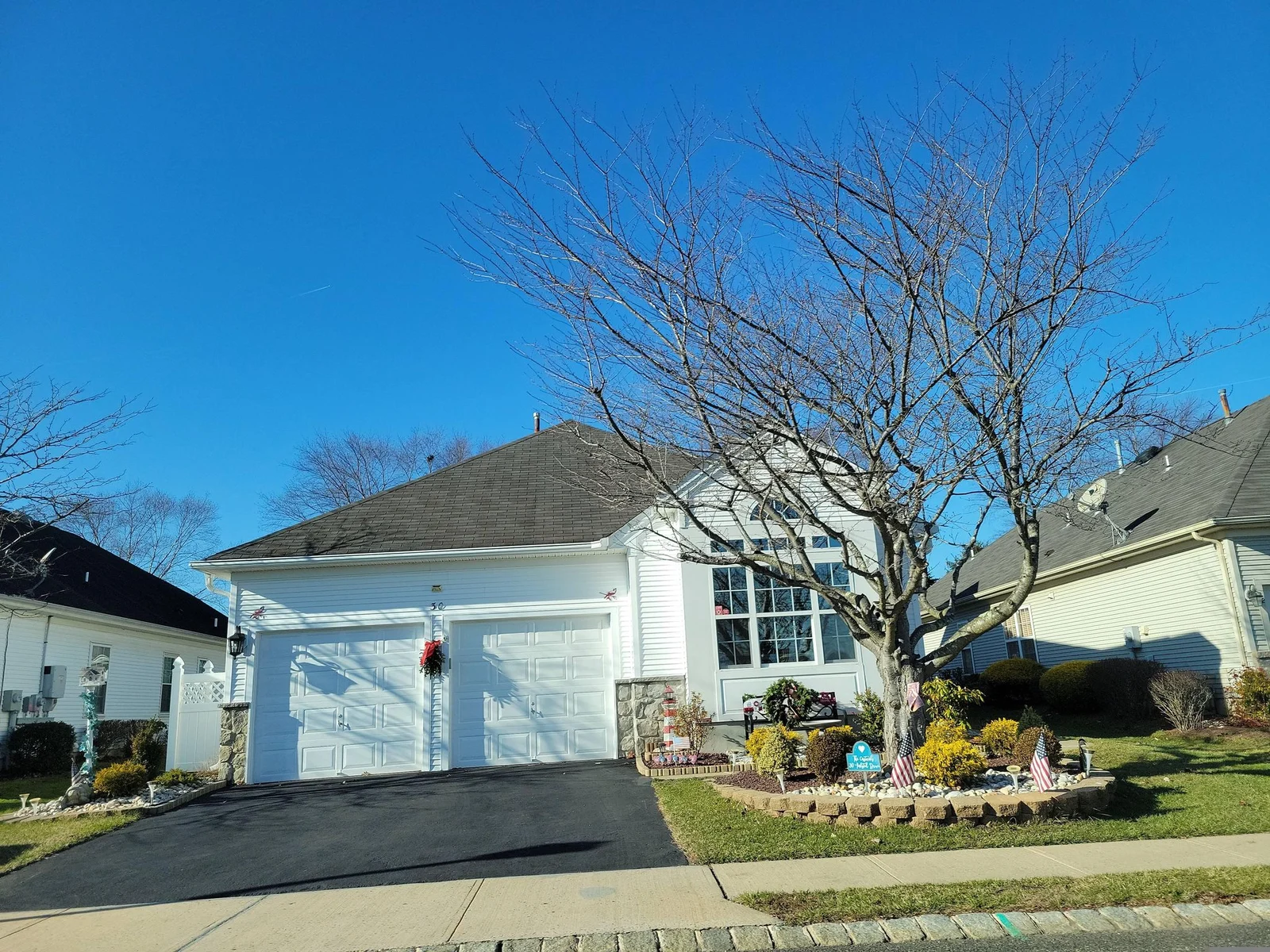 Single-story home with a white garage door and a bare tree