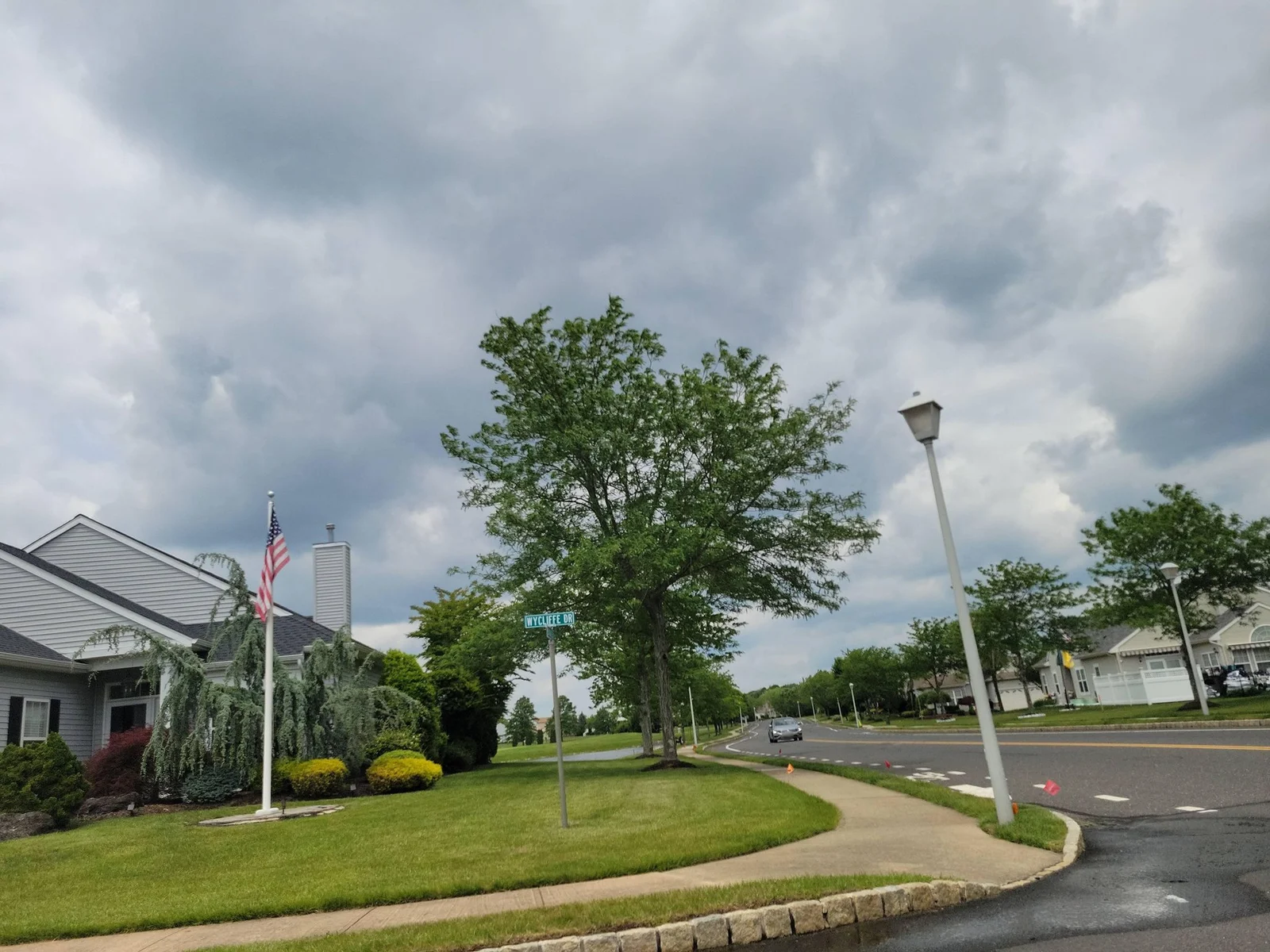 Street corner with a lamppost, lawn and homes