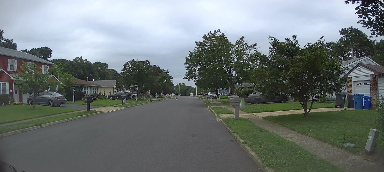 Two-lane residential street with ranch homes, lawns and trees