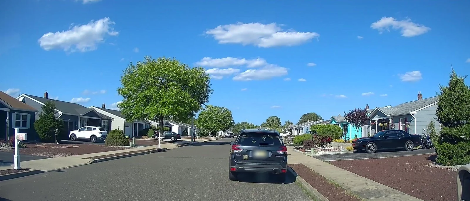 Residential street of single-story homes with trees