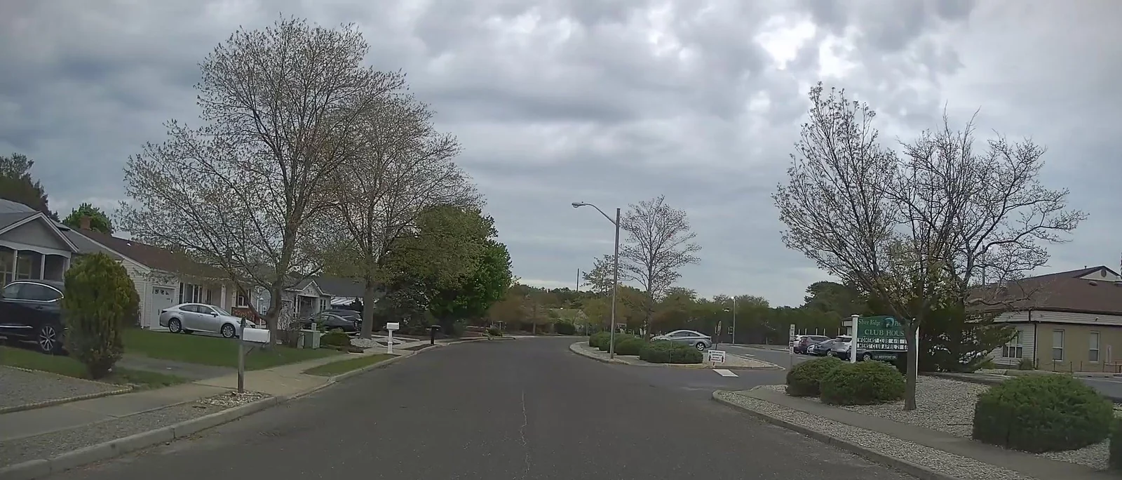 Residential street with single-story homes and spring trees