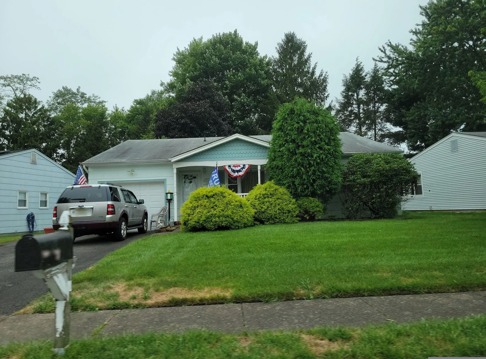Single-story home with shrubs and a green lawn