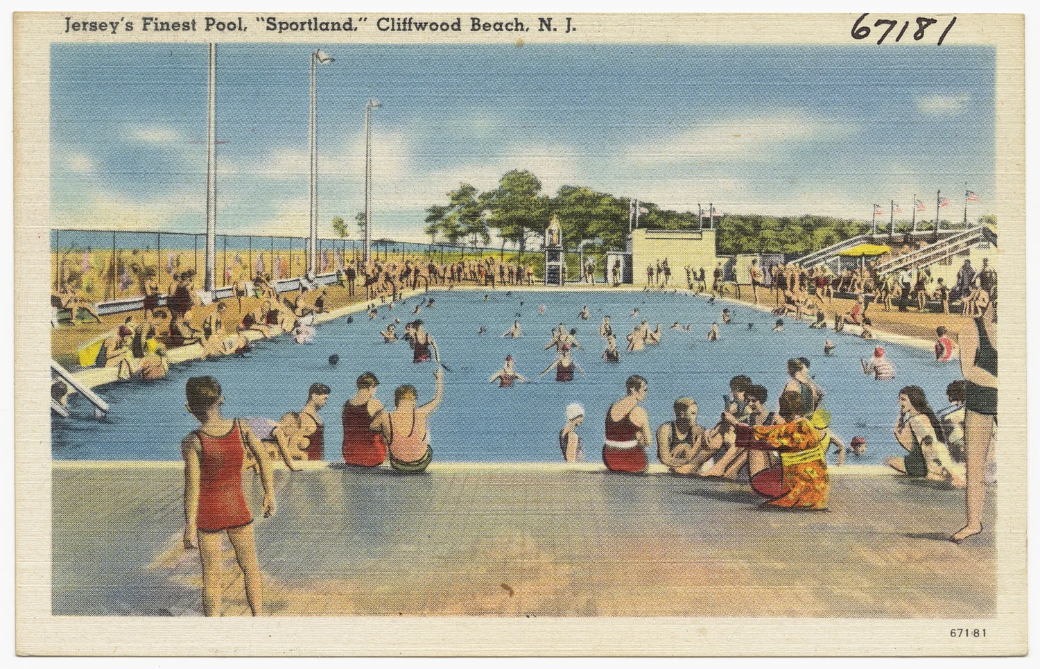 Vintage color postcard of swimmers in the big saltwater pool at Sportland, Cliffwood Beach
