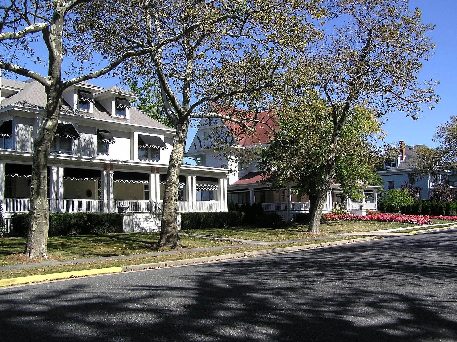 Tree-shaded street of historic homes with striped awnings and wraparound porches in Allenhurst