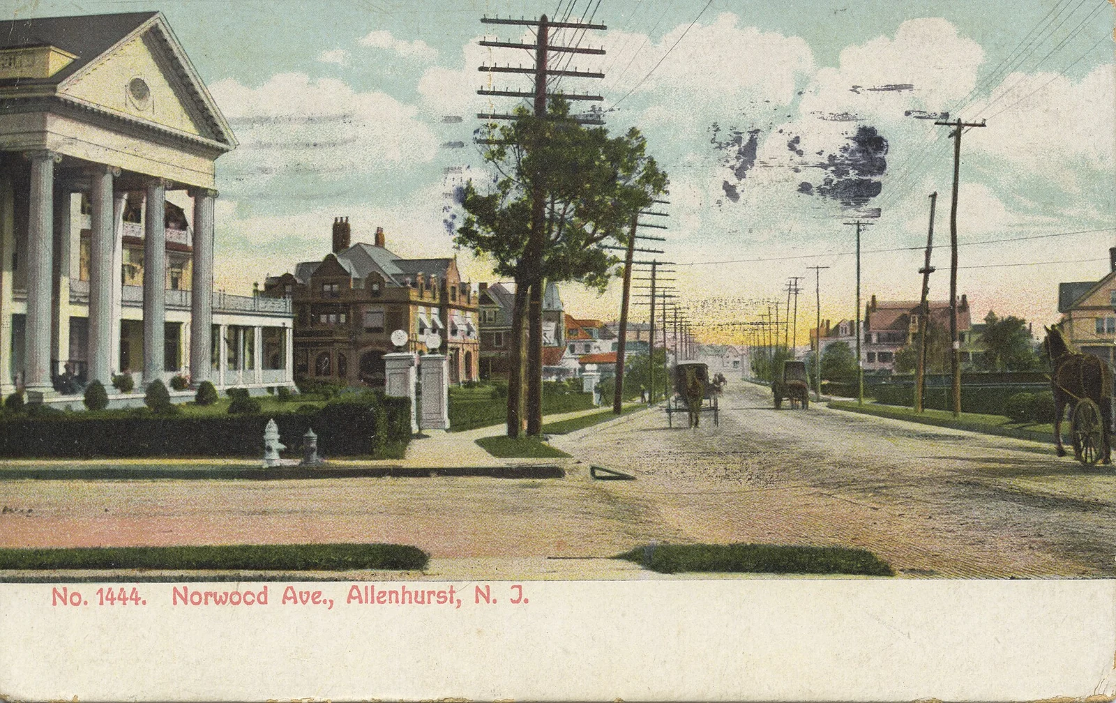 Early 1900s postcard of Norwood Avenue in Allenhurst with a columned mansion, a horse and buggy and tall trees