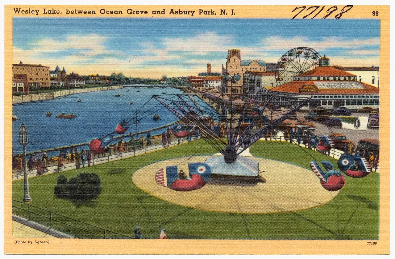 Historic linen postcard of Wesley Lake between Ocean Grove and Asbury Park, about 1930 to 1945