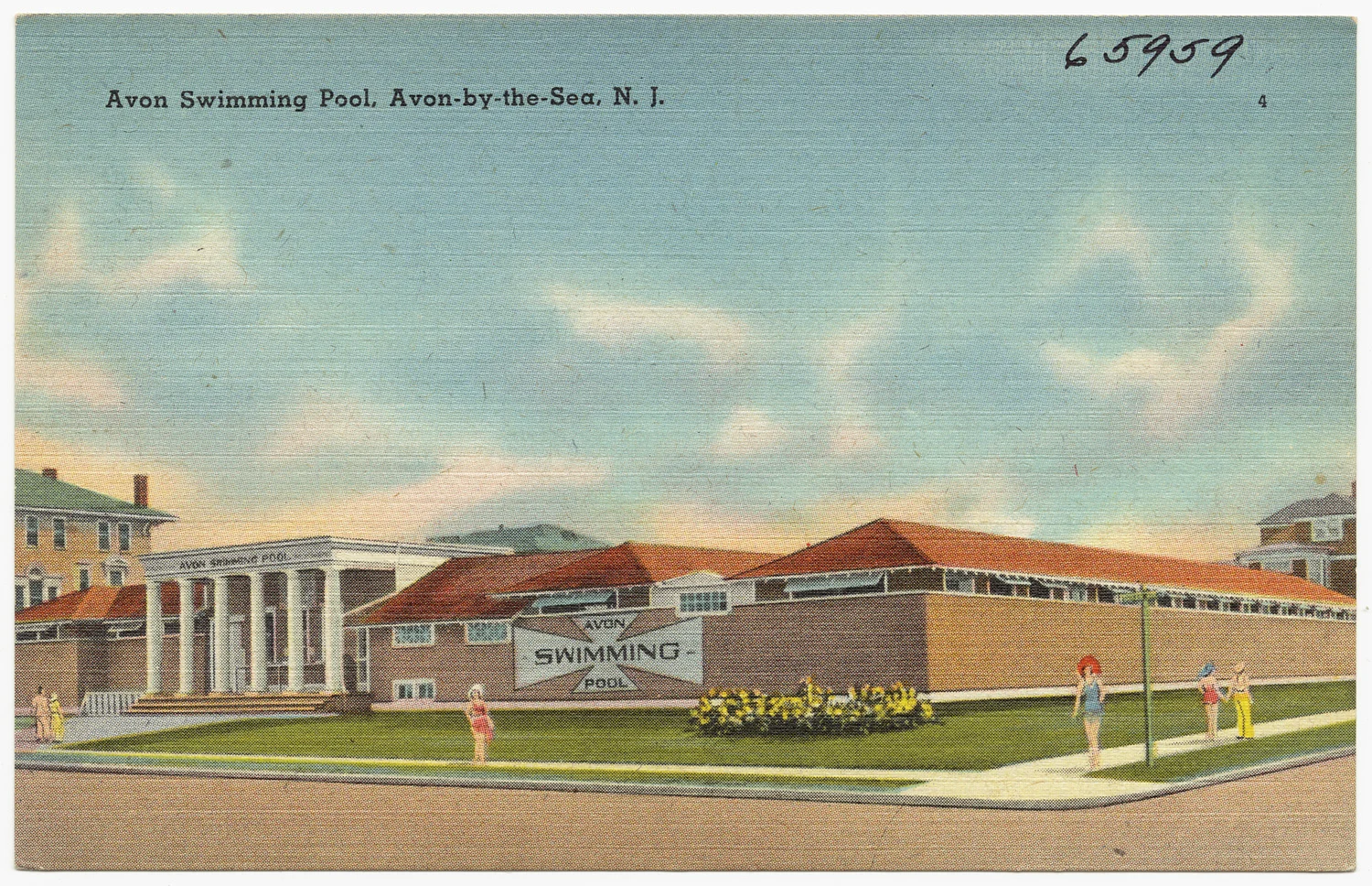 Colonnaded entrance and red-roofed bathhouse of the Avon Swimming Pool, with bathers on the lawn, on a vintage linen postcard