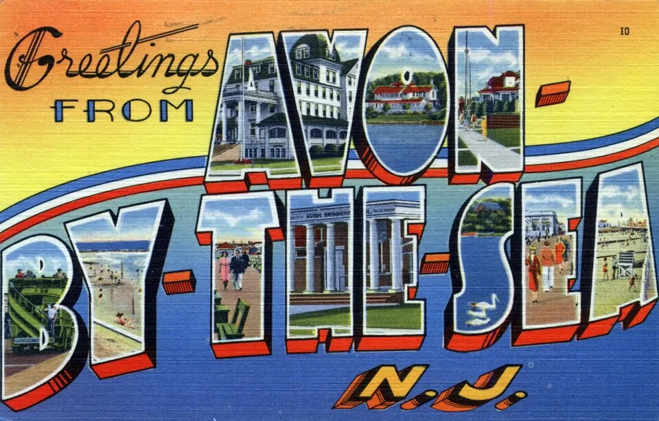 Colorful large-letter postcard spelling Avon-by-the-Sea with town scenes inside the letters