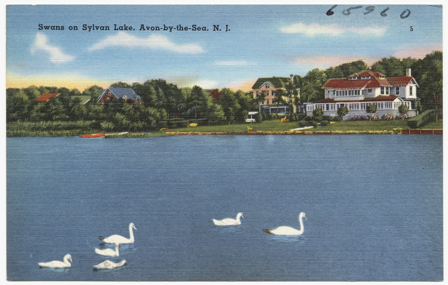 Vintage linen postcard of white swans gliding on Sylvan Lake with large shingled houses along the far shore