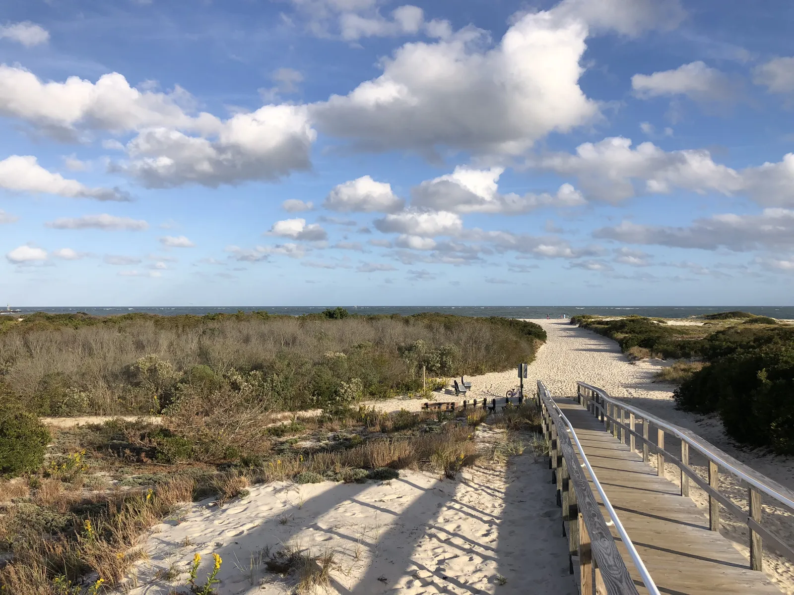 A wooden walkway leading over sandy dunes and low brush to the ocean under a sky full of white clouds