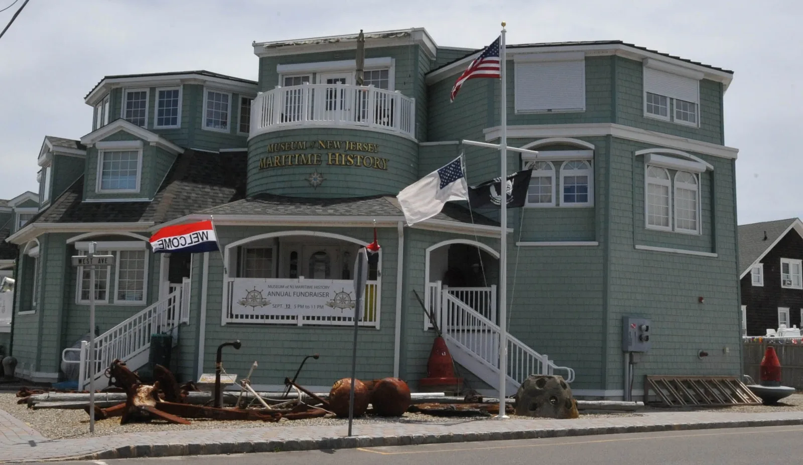 The New Jersey Maritime Museum building in Beach Haven with flags out front