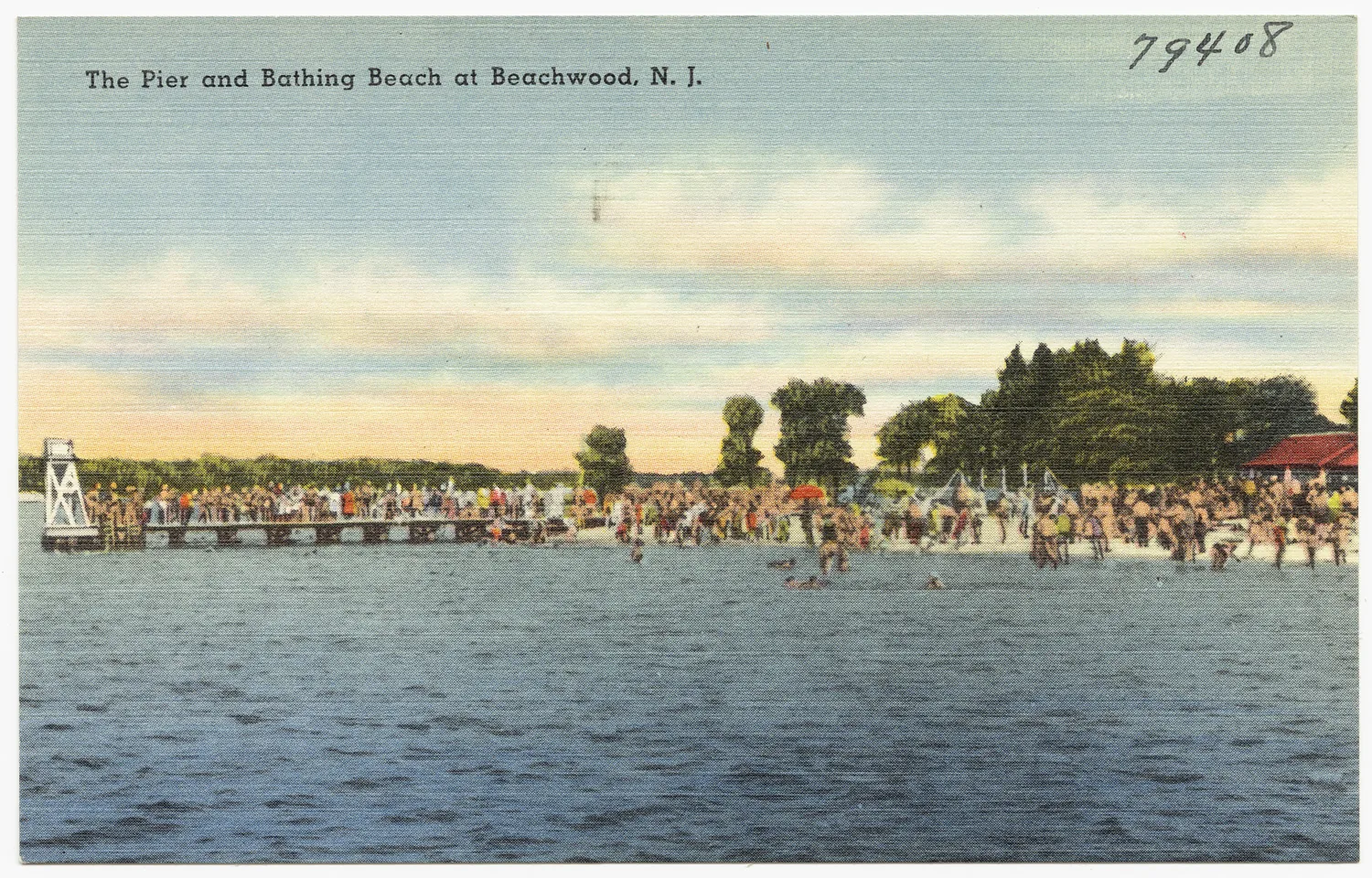 Vintage linen postcard of the pier and bathing beach at Beachwood on the Toms River, crowded with swimmers