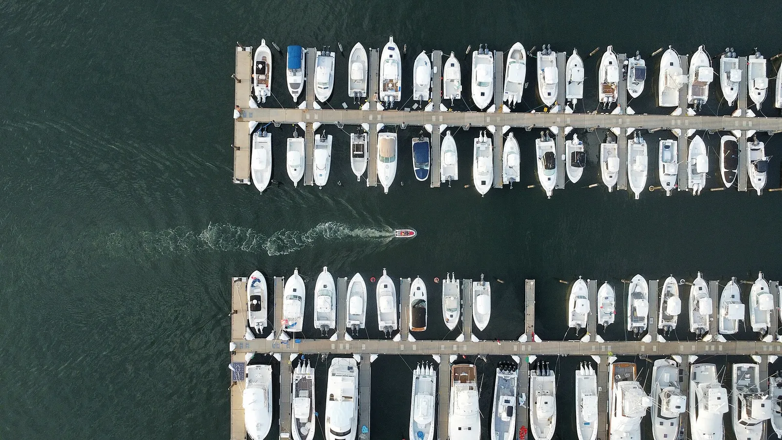 Overhead view of rows of white boats tied up along floating docks on dark green water, with a small boat leaving a wake