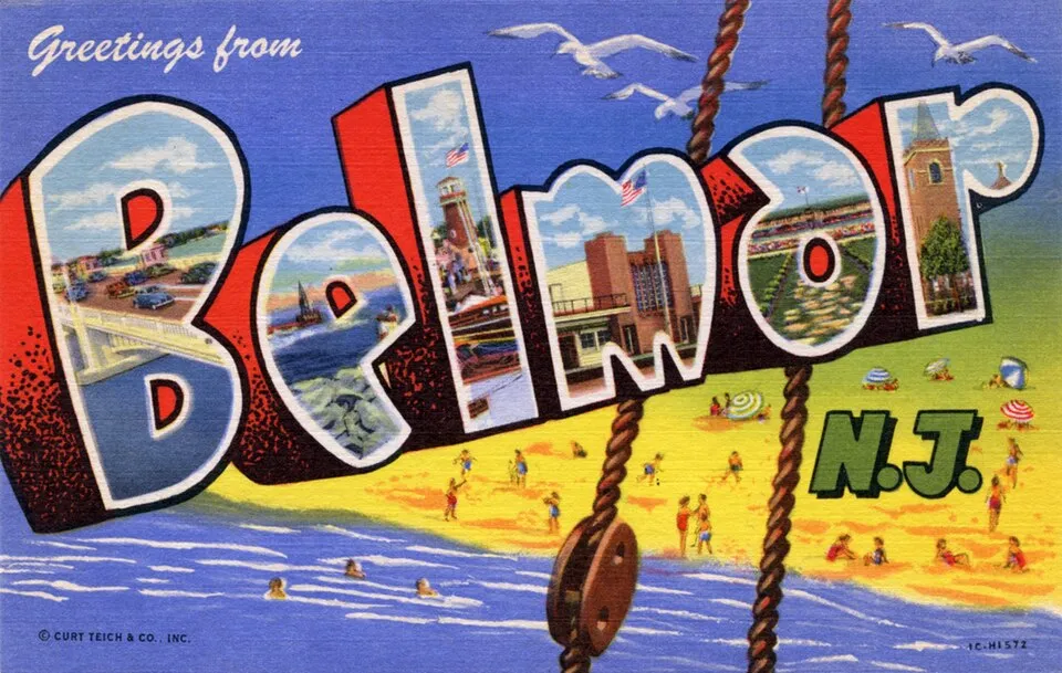 Colorful vintage postcard with the word Belmar in big block letters filled with scenes of the beach, boardwalk and town