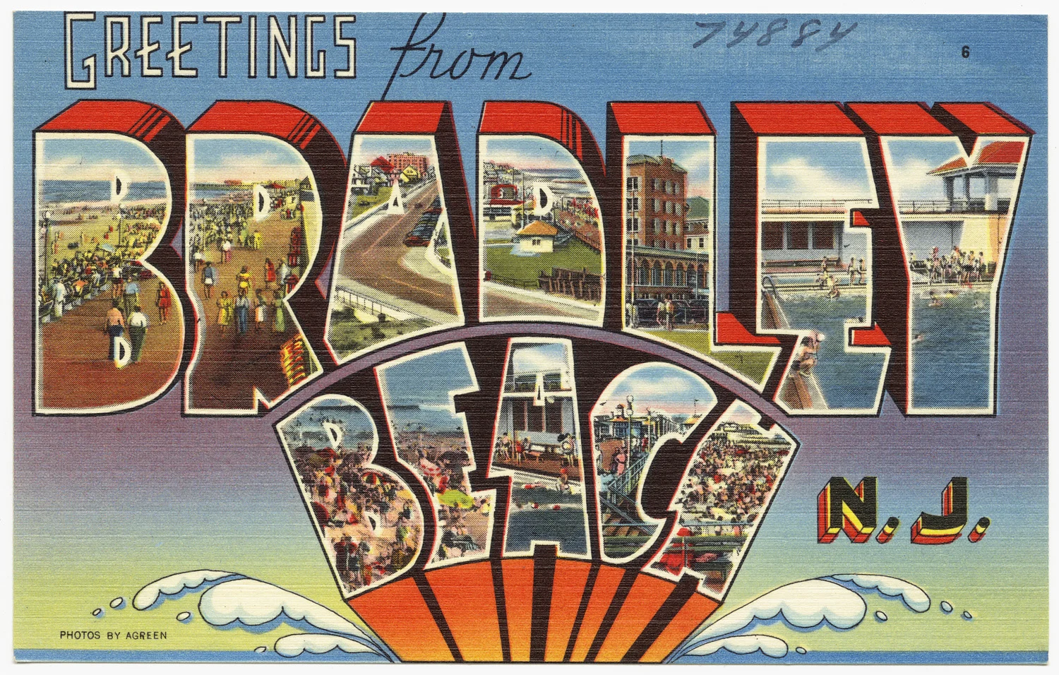 Vintage large-letter postcard reading Greetings from Bradley Beach, N.J., with beach and boardwalk scenes inside the letters