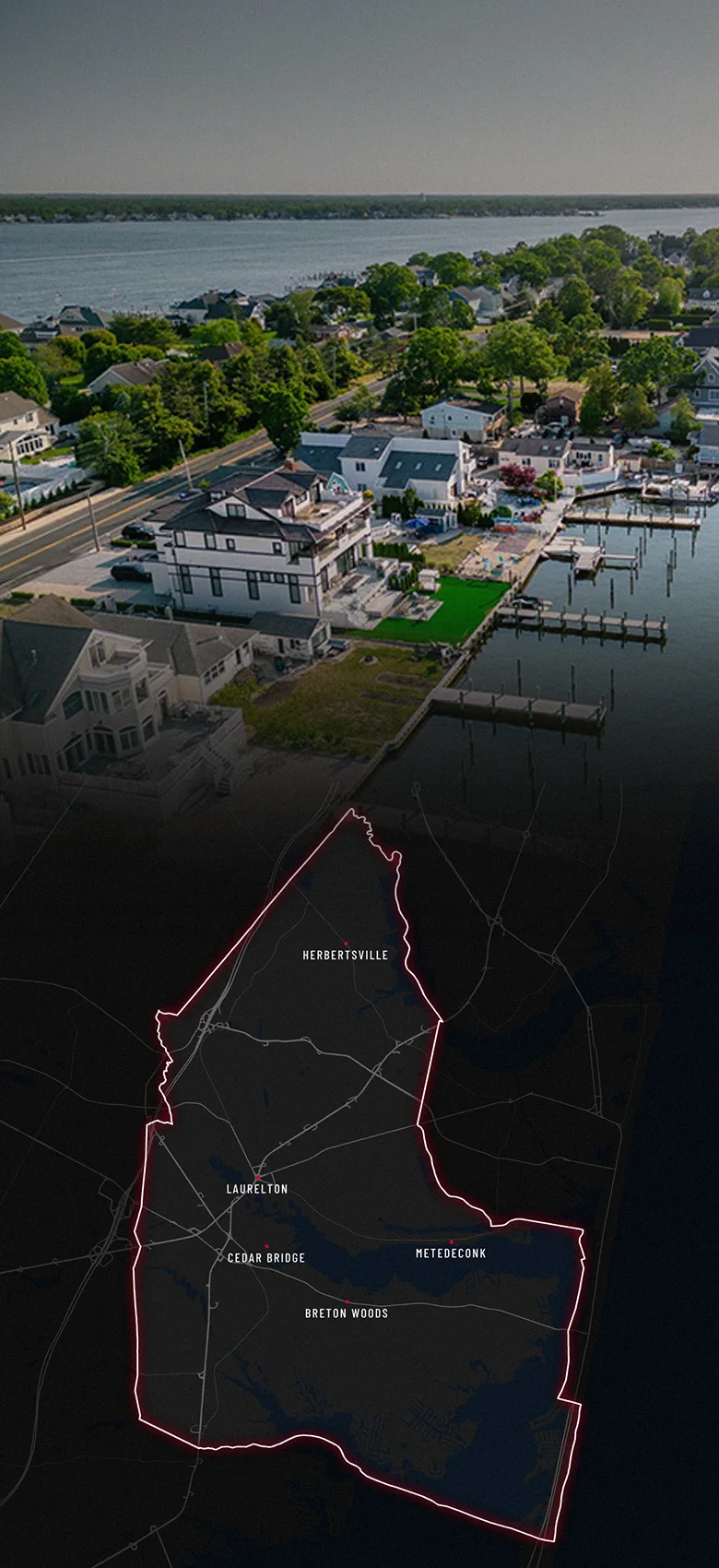 Brick Township waterfront homes on Barnegat Bay, fading into a map of the township