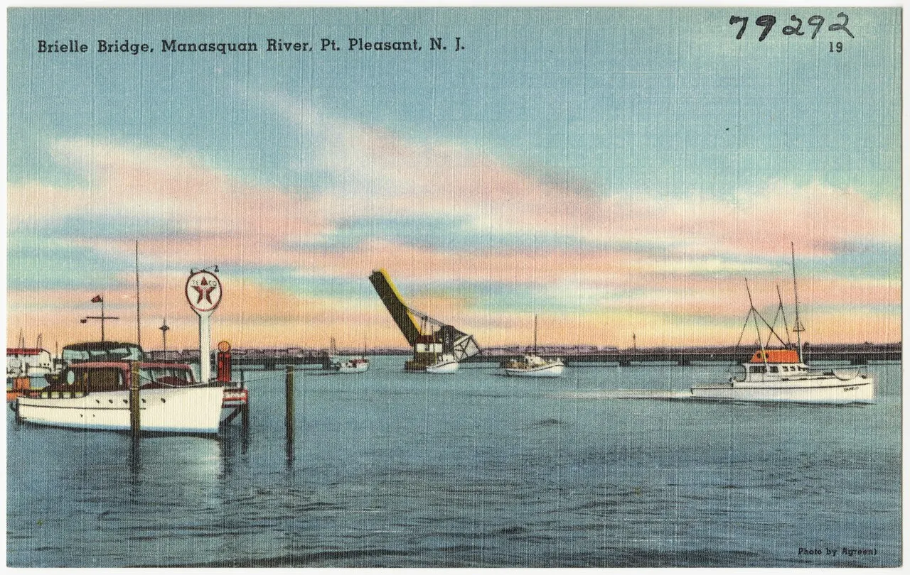Vintage postcard of motorboats and fishing boats on the river with a raised drawbridge in the background under a pastel sky