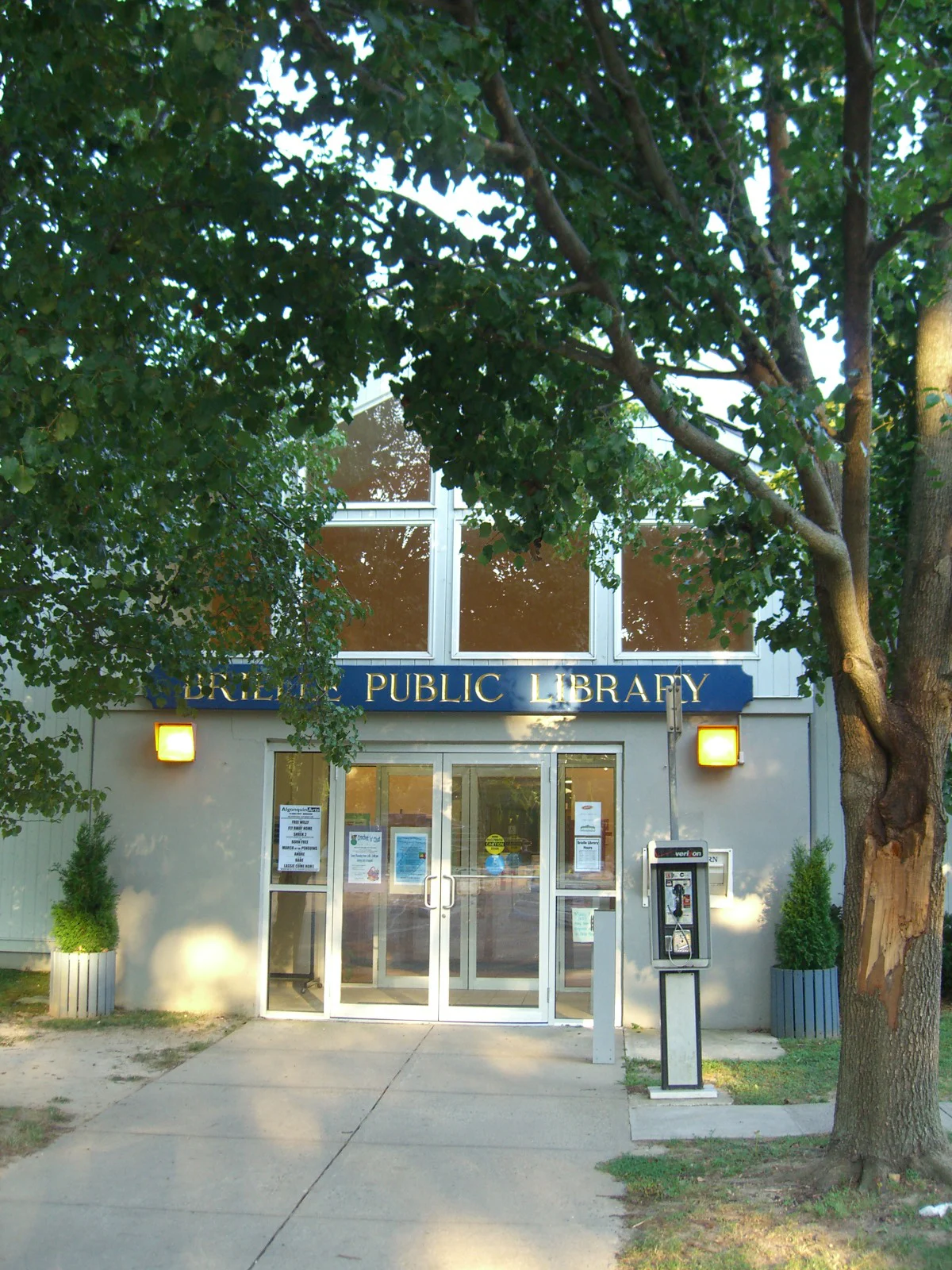 The entrance of the Brielle Public Library with glass doors and a blue sign, framed by a large tree