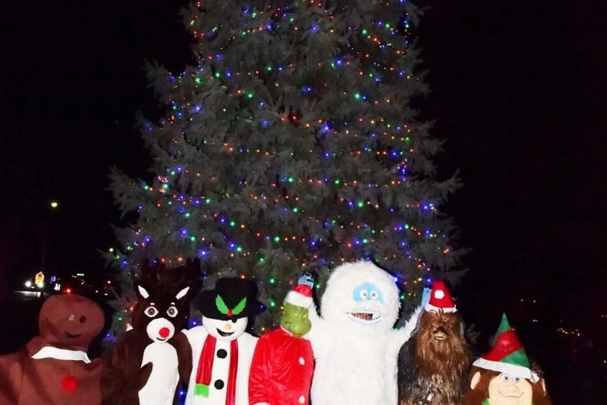Costumed holiday characters, including a snowman, reindeer and gingerbread figure, in front of a tree strung with colored lights at night