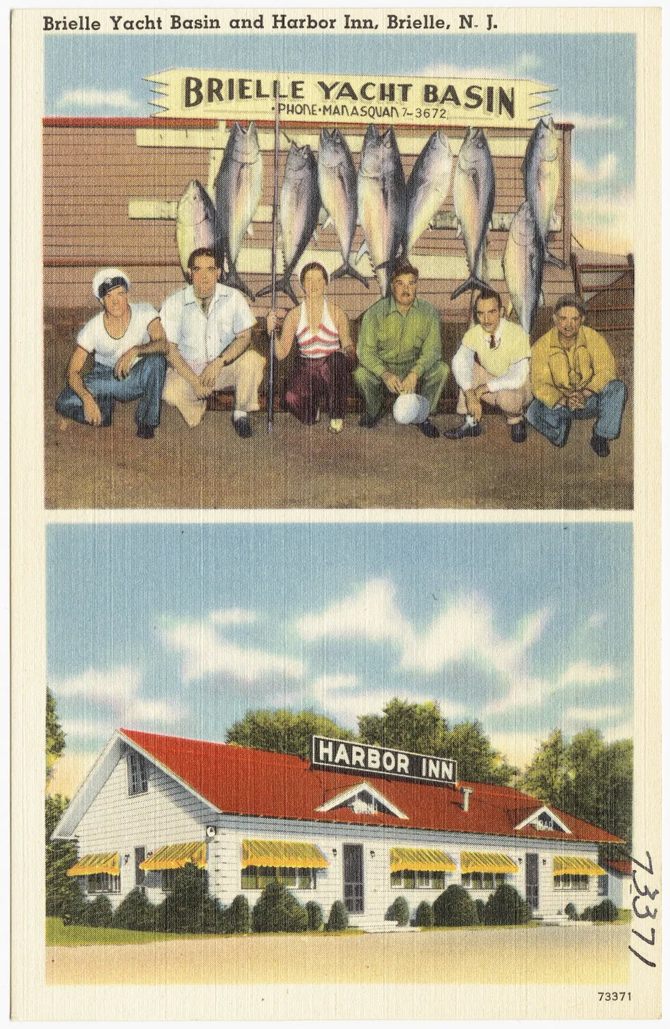 Vintage two-panel postcard: anglers posing with a row of large fish at the Brielle Yacht Basin above, and the red-roofed Harbor Inn below