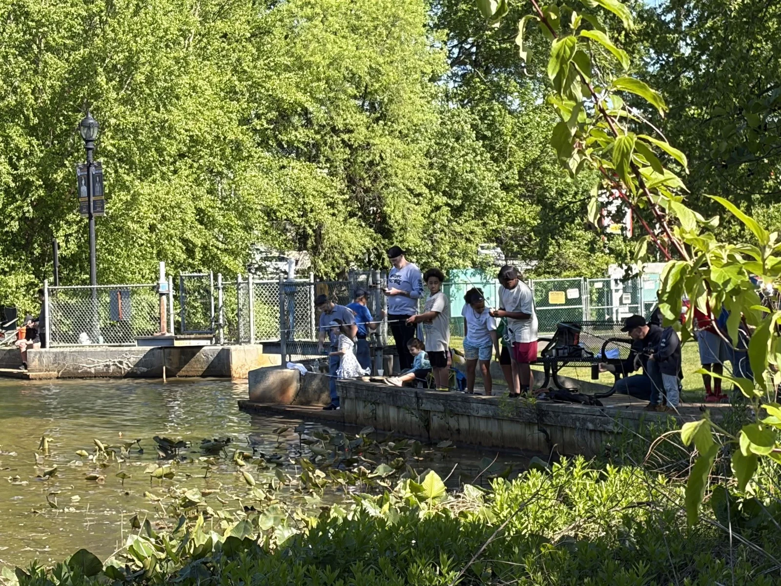 Families lined up along the stone edge of the pond at Wampum Memorial Park with fishing rods, under tall spring trees, during the borough's youth fishing derby