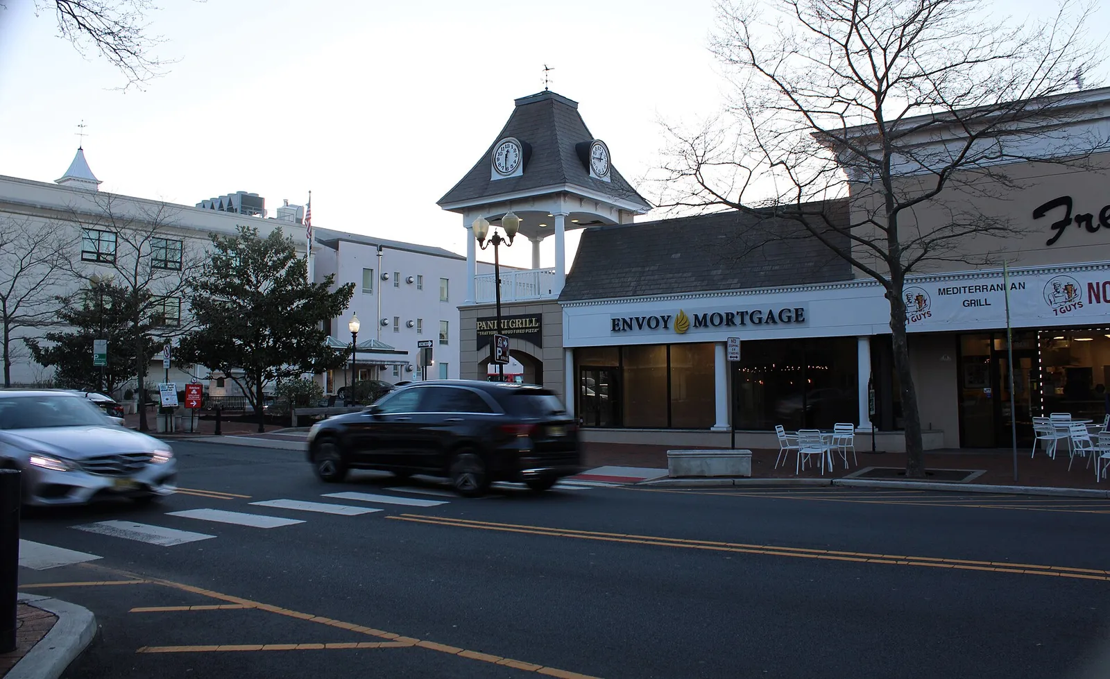 Storefronts and a clock-tower building in Downtown Freehold