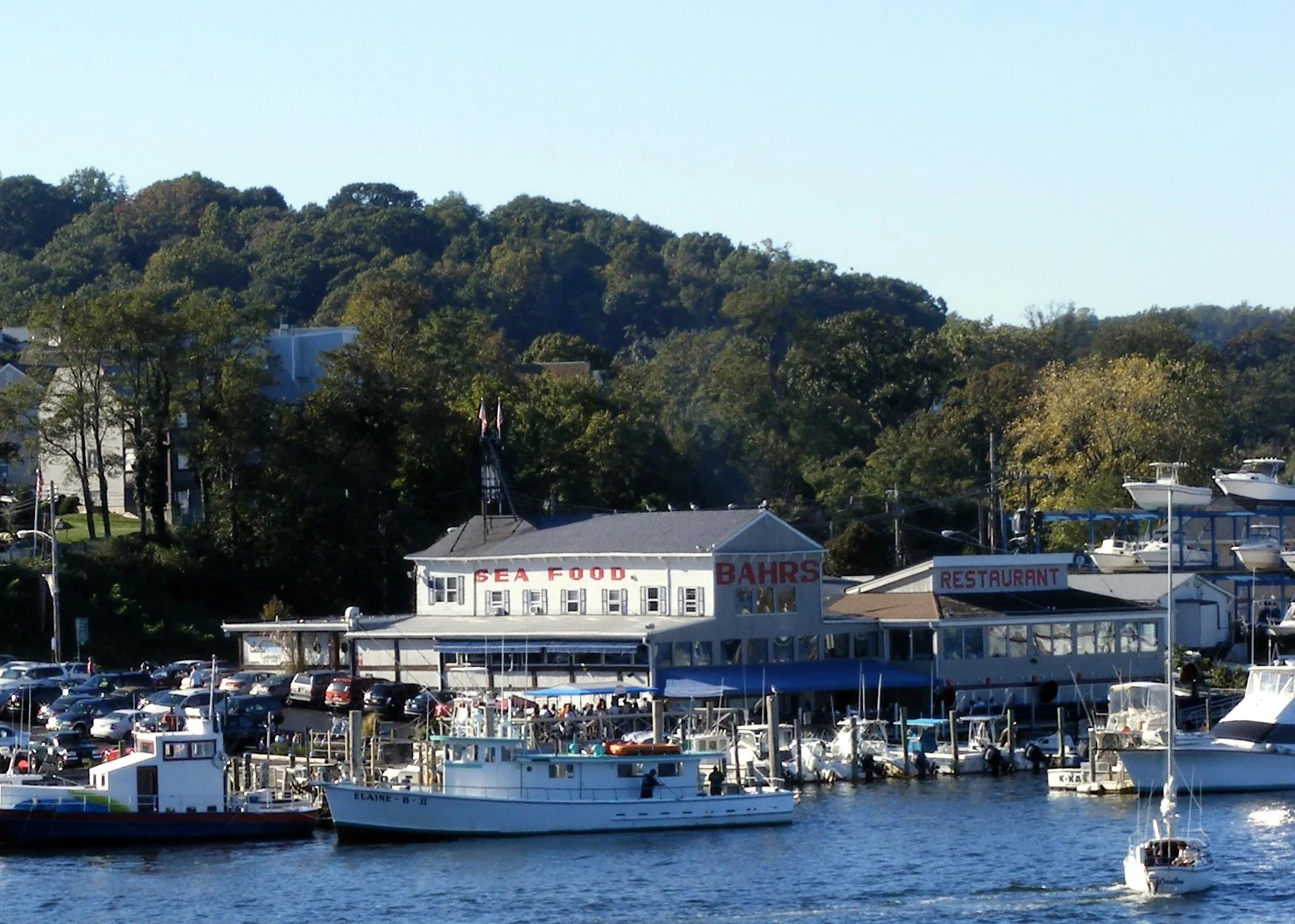 Fishing and pleasure boats in the harbor in front of Bahrs Landing, with wooded hills rising behind the waterfront
