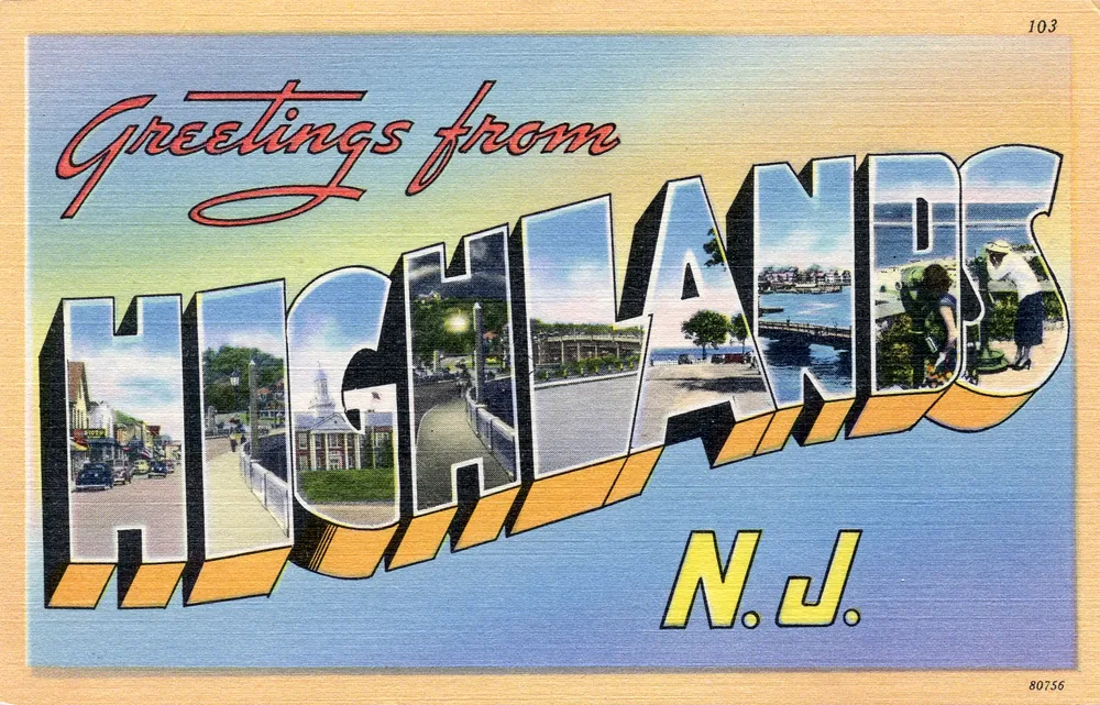 Vintage large-letter postcard reading Greetings from Highlands, N.J., with local scenes inside the letters