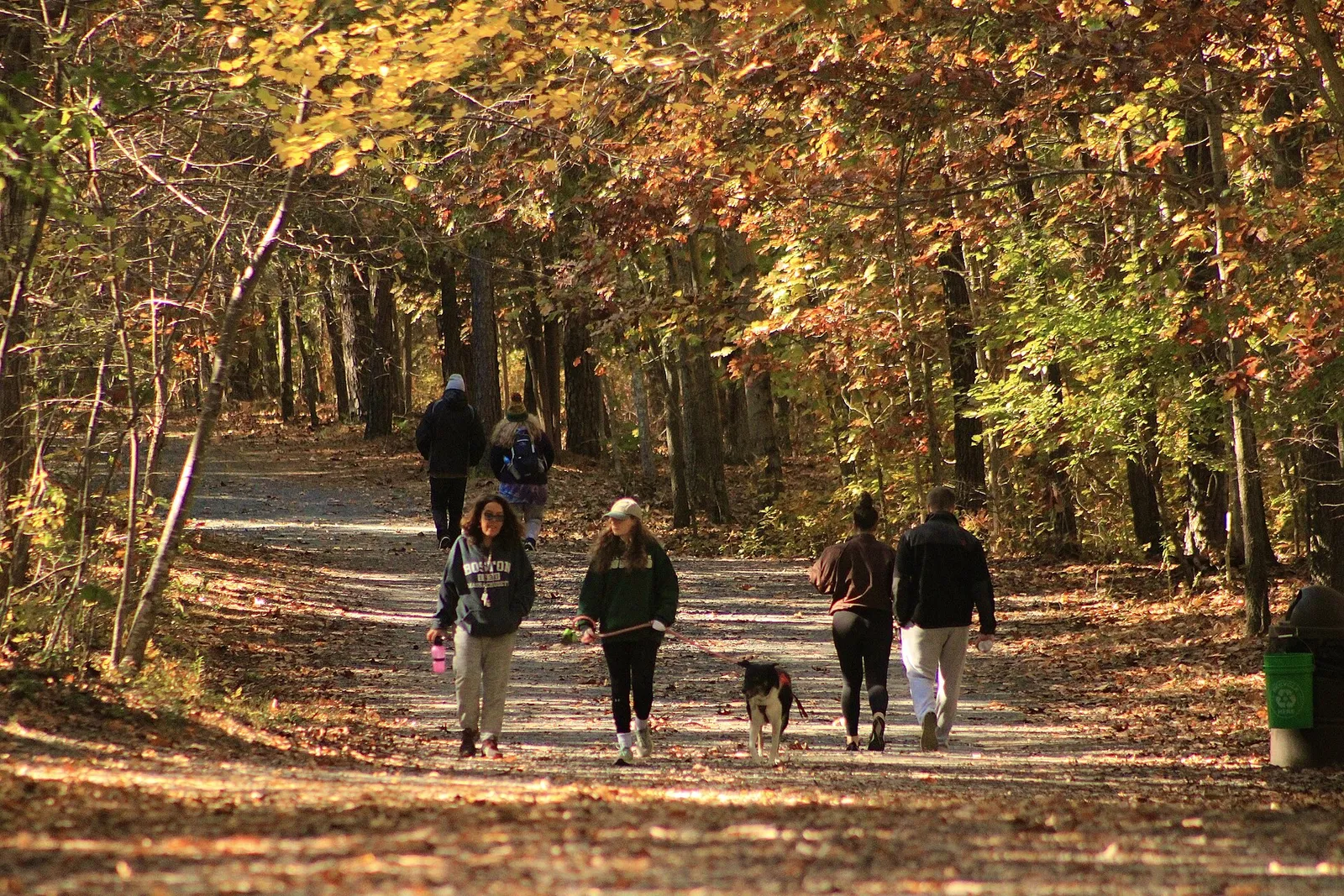 People walking a leaf-covered trail under autumn trees at Manasquan Reservoir
