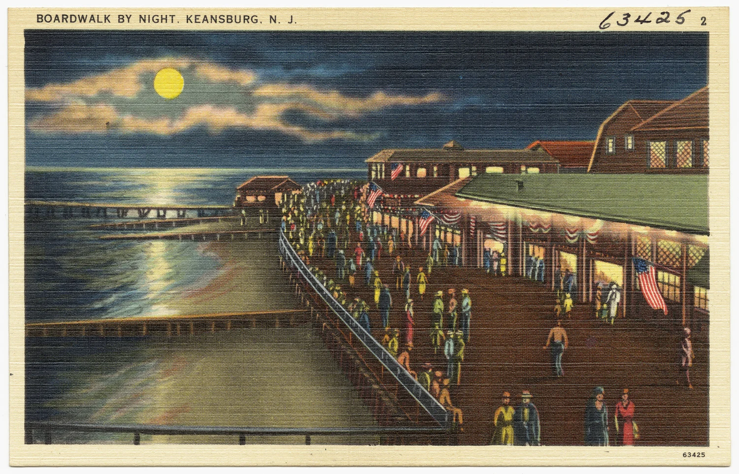 Vintage linen postcard of the Keansburg boardwalk by moonlight, lit storefronts and strolling crowds beside the water