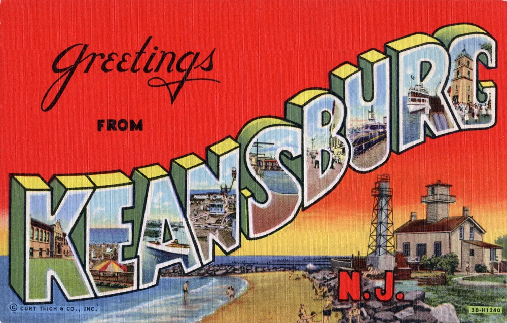 Vintage large-letter postcard reading Greetings from Keansburg, N.J., with beach and lighthouse scenes inside the letters