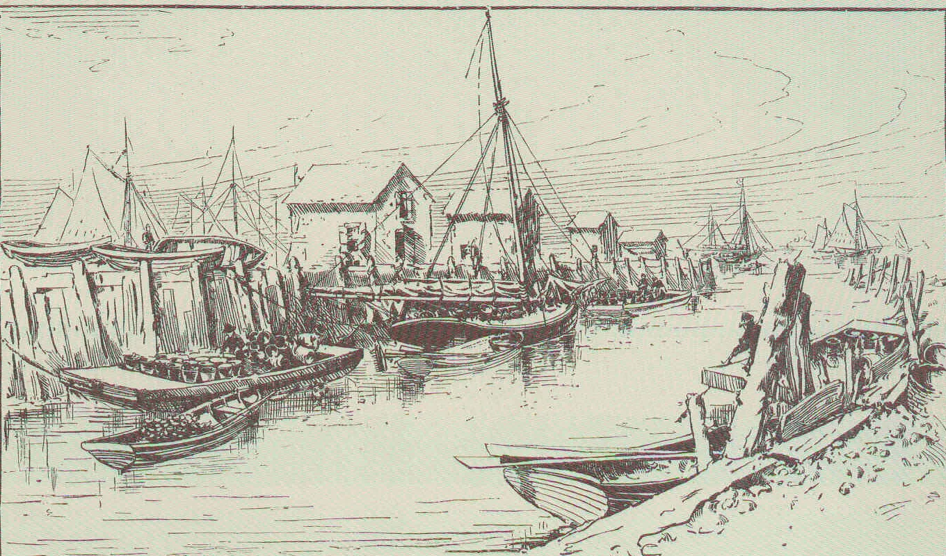 An 1887 engraving of oyster boats, skiffs and scows tied up at The Creek in Keyport