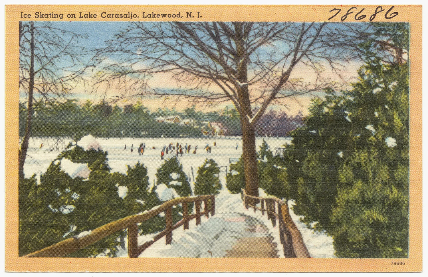 Vintage color postcard of skaters on frozen Lake Carasaljo seen past snowy trees and a wooden railing