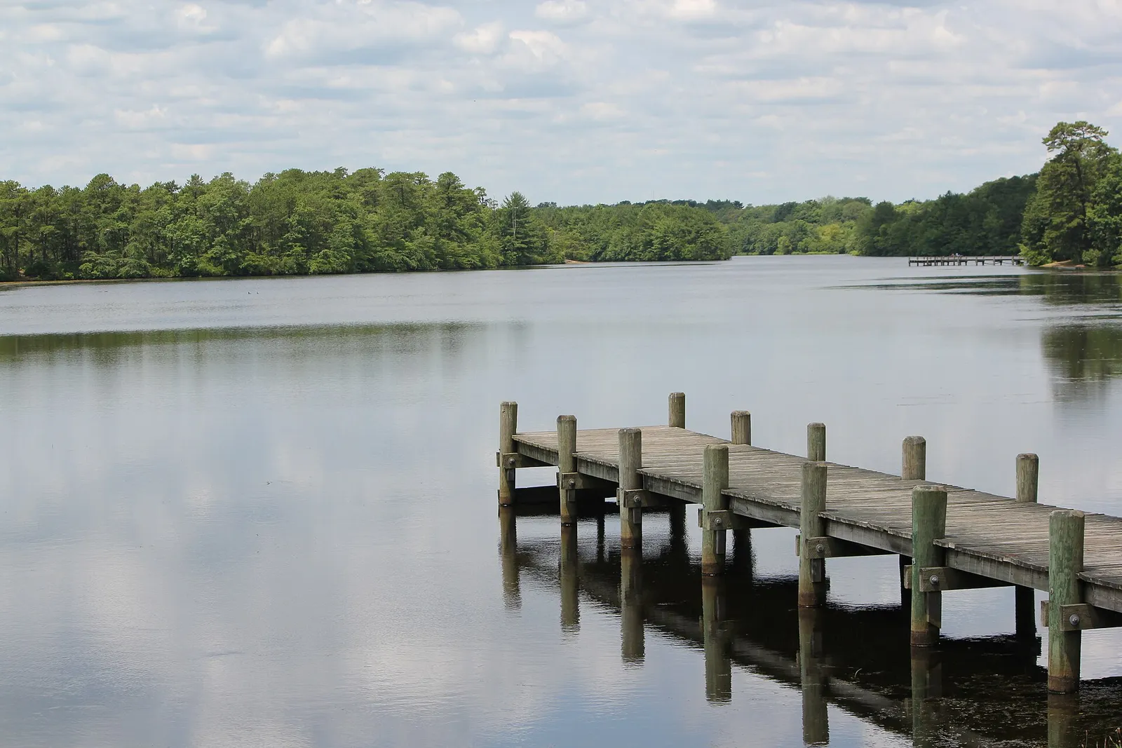 Wooden dock reaching into Lake Shenandoah with trees along the far shore