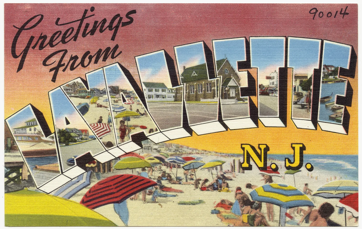 Large-letter Greetings from Lavallette, N.J. postcard with beach scenes inside the letters