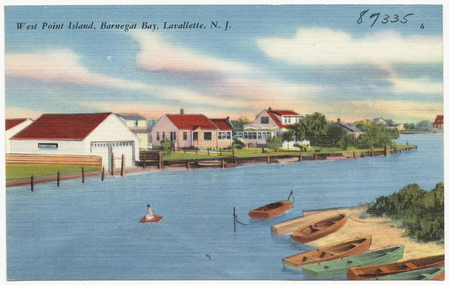 Vintage postcard of homes and rowboats along the shore of West Point Island on Barnegat Bay