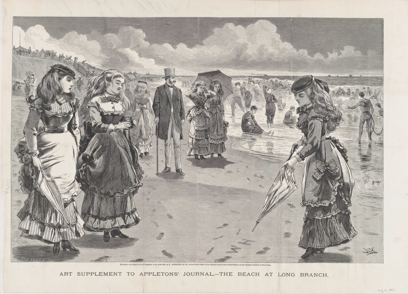 Black and white 1869 engraving of women in long dresses with parasols and a man in a top hat strolling on the beach at Long Branch