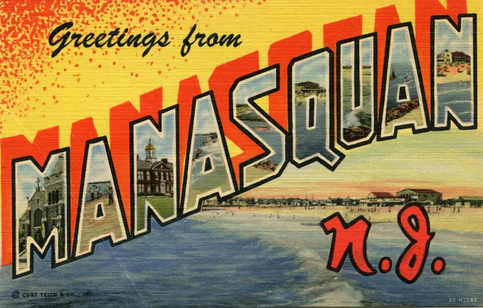 Colorful large-letter postcard spelling Manasquan with town and beach scenes inside the letters