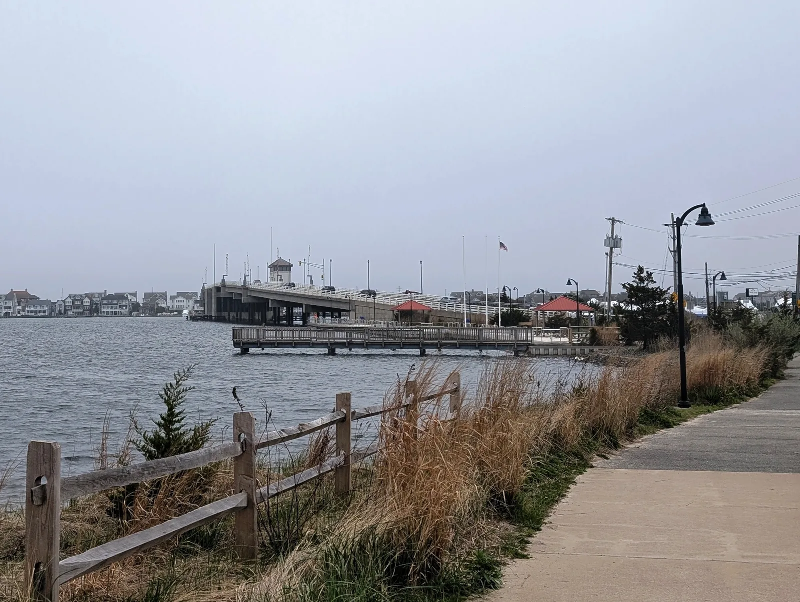 The Mantoloking Bridge crossing Barnegat Bay, seen from the waterfront walkway on the west side