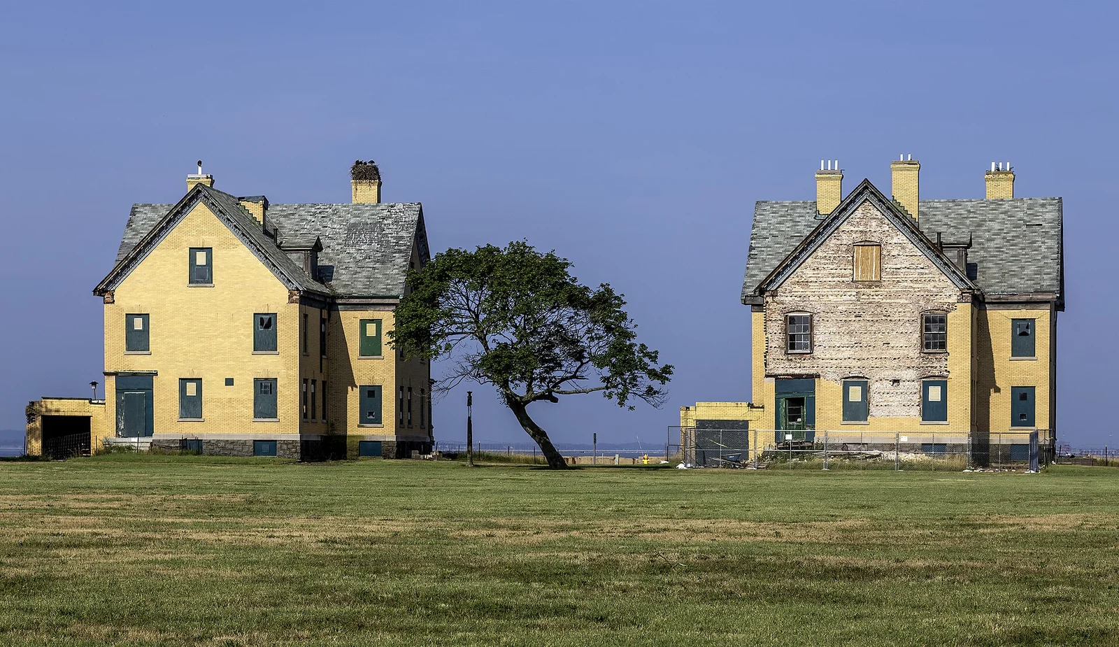 Two yellow officers' houses with slate roofs and a wind-bent tree on the lawn of Officers' Row at Fort Hancock