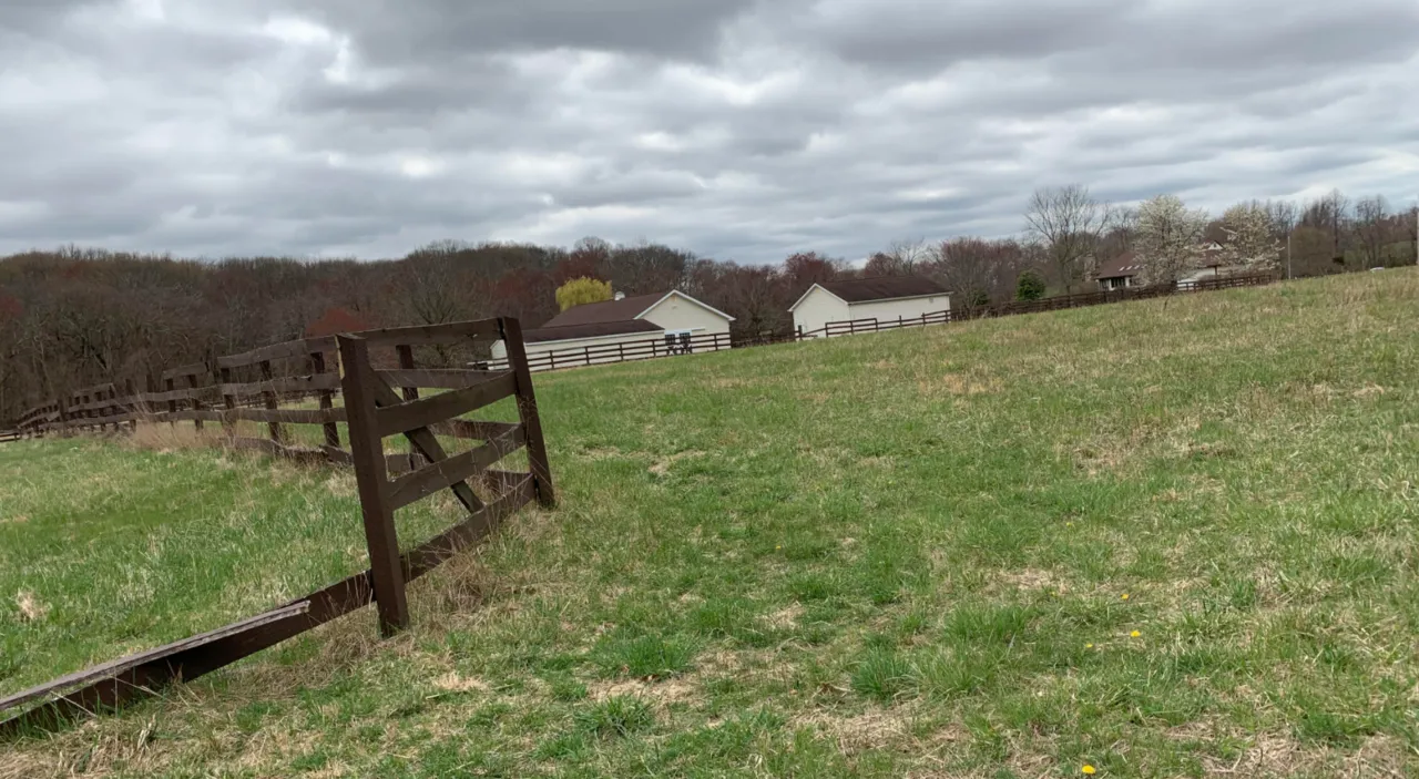 Grassy hillside with a wooden fence and farmhouses at the tree line