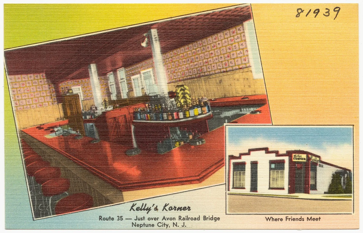 Vintage linen postcard of Kelly's Korner on Route 35, showing the long red bar inside and the white building outside