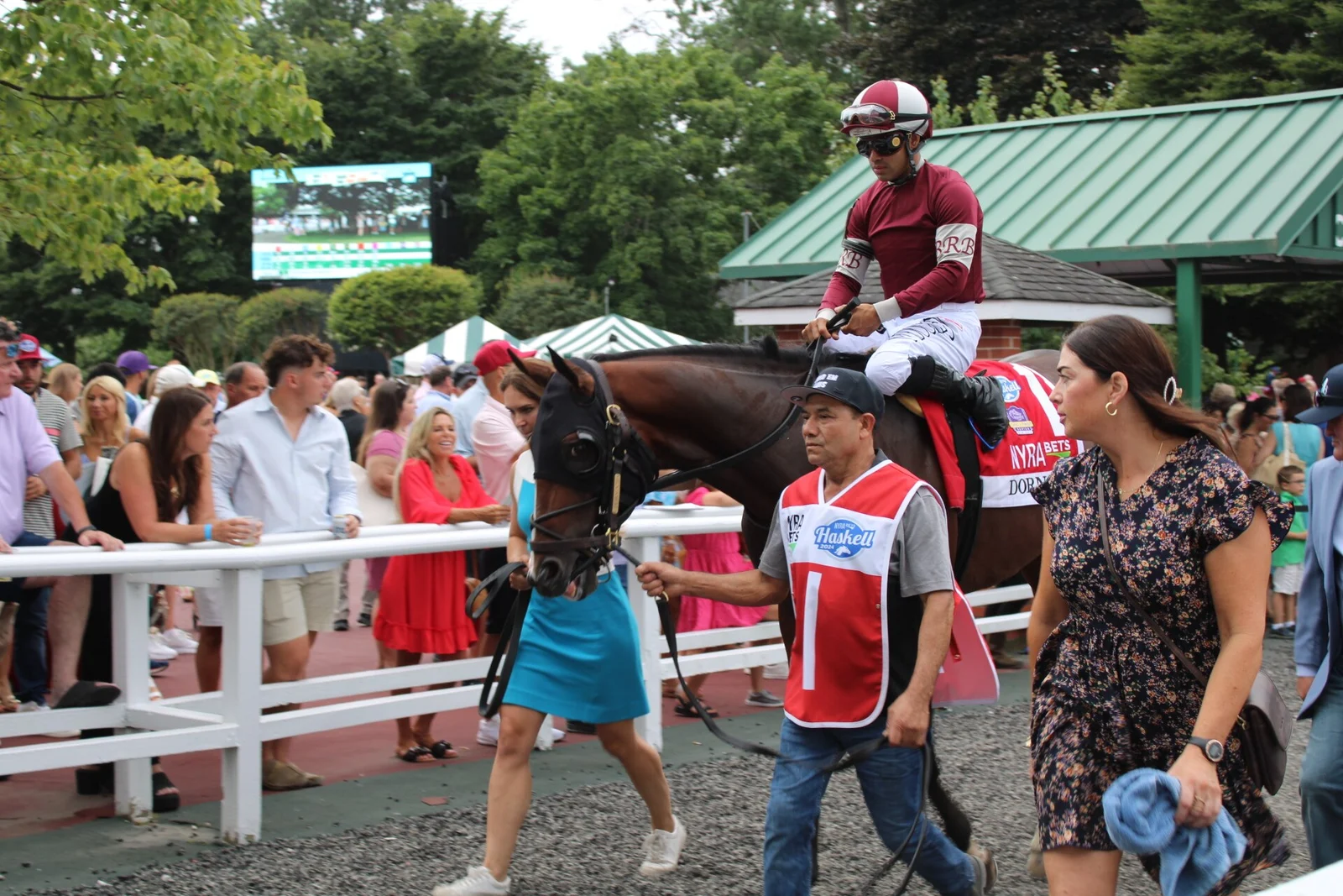 A jockey in maroon silks on a racehorse led past the crowd along the paddock rail at Monmouth Park before the 2024 Haskell