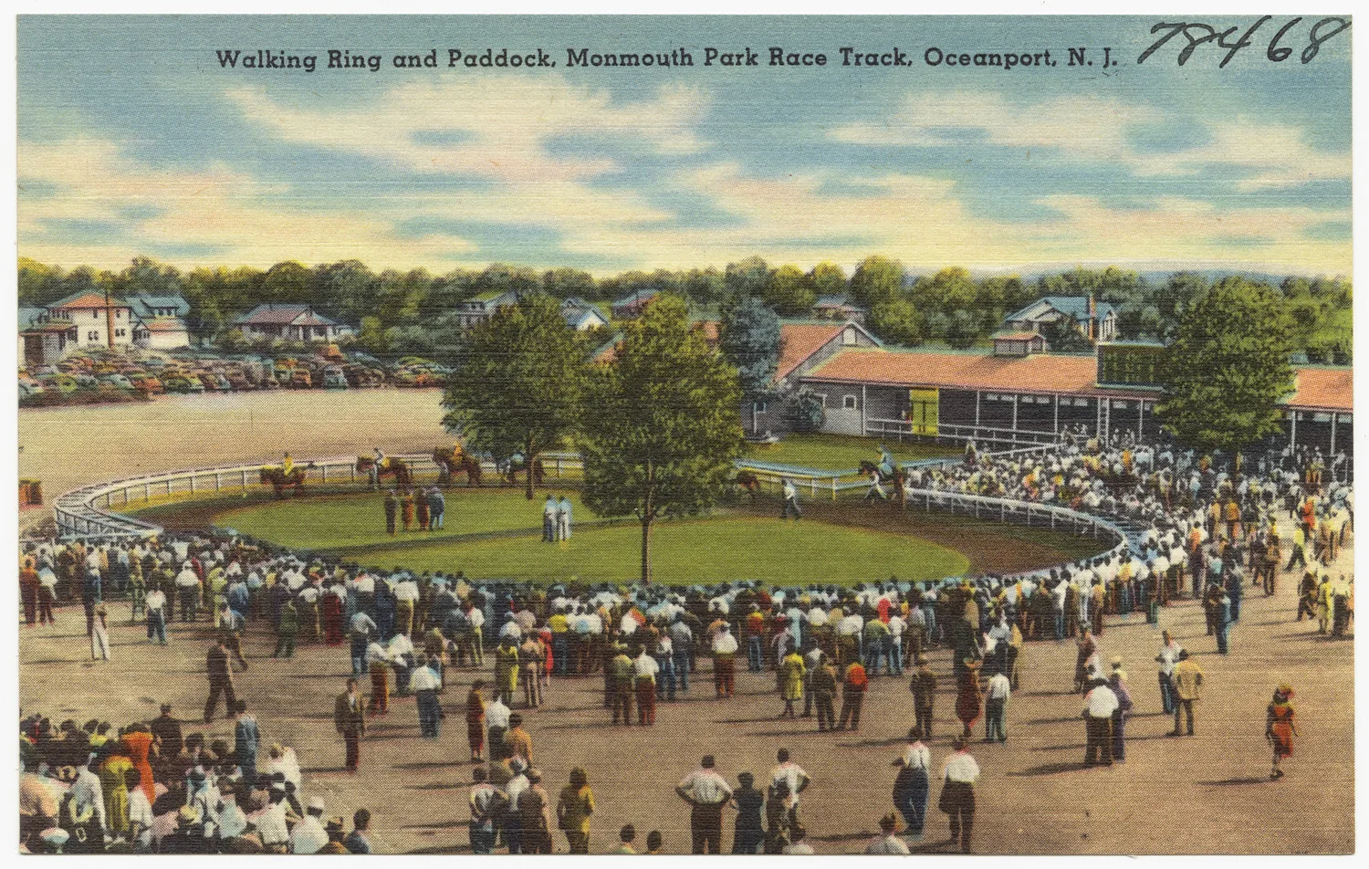 Vintage postcard of horses in the walking ring and paddock at Monmouth Park