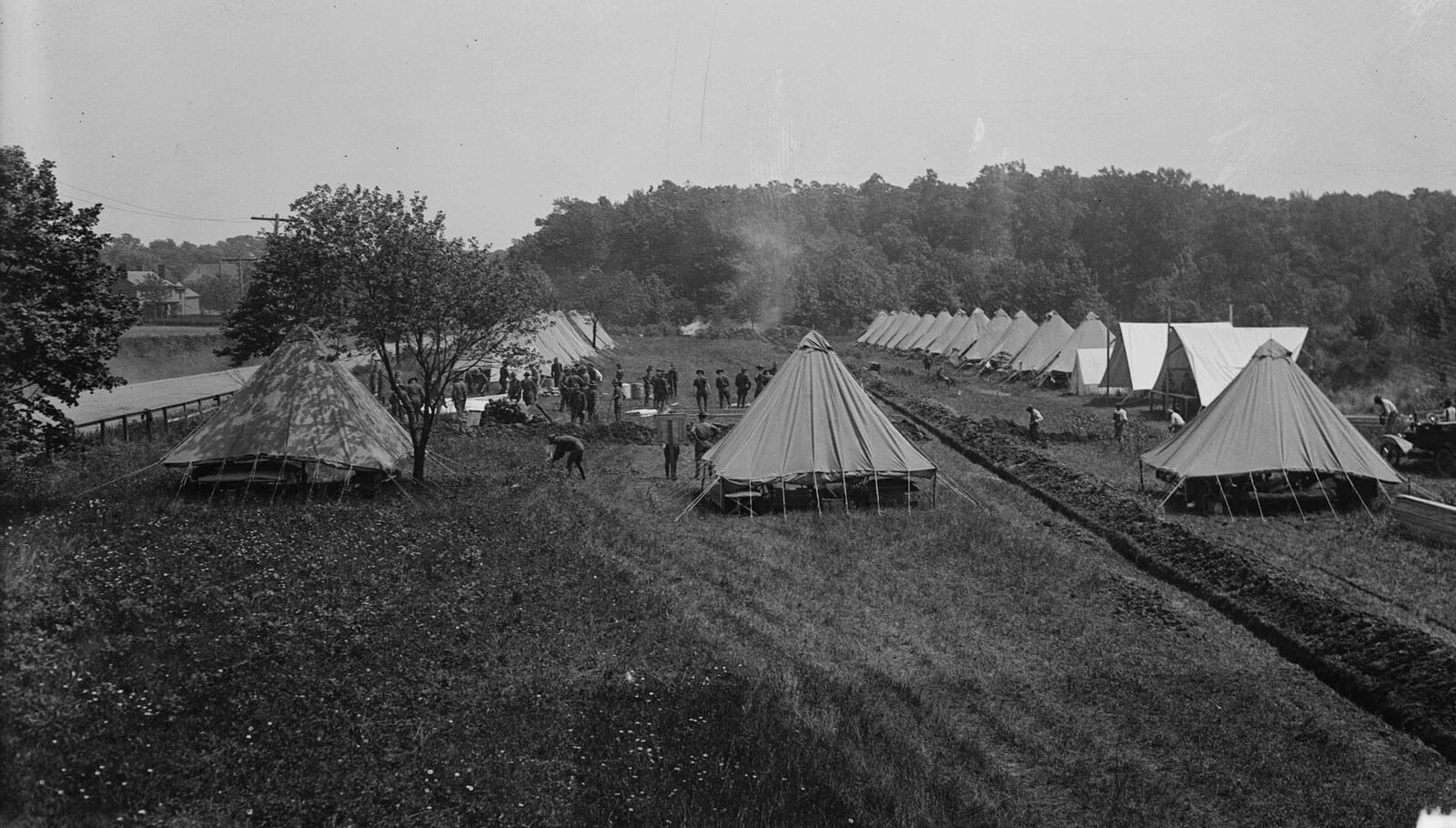 Rows of canvas Army tents on a grassy field at the Signal Corps camp at Monmouth Park, in black and white